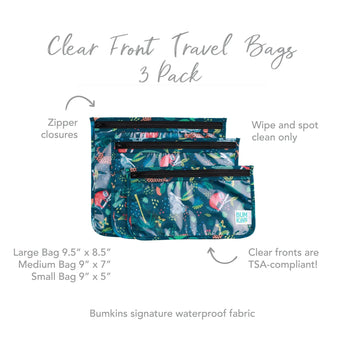 Bumkins Clear Travel Bag 3-Pack: Jungle features large to small floral bags, with zipper closures, TSA-compliant and easy to clean.