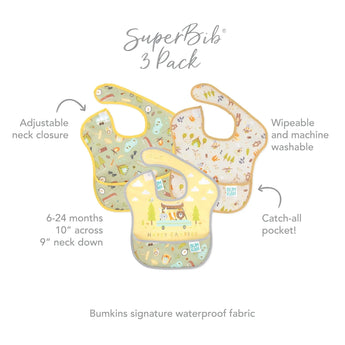 Bumkins SuperBib® 3 Pack: Happy Campers - Waterproof, adjustable neck, catch-all pocket for ages 6-24 months. Easy to clean!.