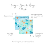 The Bumkins Reusable Snack Bag 2-Pack: Ocean Life & Whale Tail features vibrant bags with waterproof fabric and durable zipper closure.