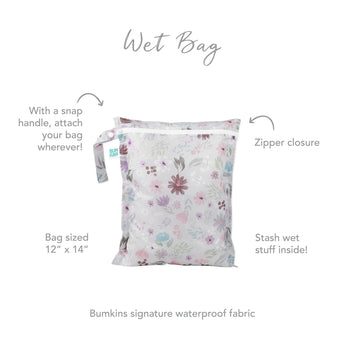 Bumkins Wet Bag: Floral, 12x14, waterproof fabric, zipper closure, snap handle. Text: Wet Bag.