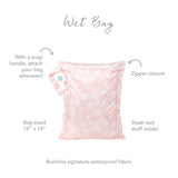 Bumkins Wet Bag: Lace features a pink floral design, zipper, snap handle, and measures 12x14, made from their waterproof fabric.