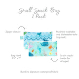 Bumkins Ocean Life & Whale Tail snack bags, with waterproof fabric and zipper closure, make snacking easy; includes washing & size details.