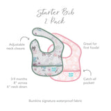 Bumkins Starter Bib 2 Pack in waterproof fabric: Floral & Lace. Includes an adjustable neck and catch-all pocket.