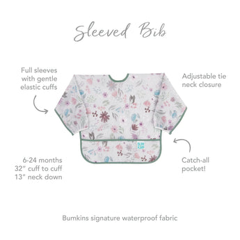 The Bumkins Sleeved Bib: Floral, waterproof with an adjustable tie and pocket, fits ages 6-24 months; perfect for baby-led weaning.