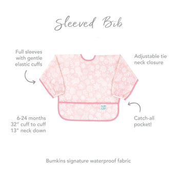 The Bumkins Sleeved Bib: Lace has a floral pattern, elastic cuffs, adjustable neck tie, and waterproof fabric. Perfect for ages 6-24 months.