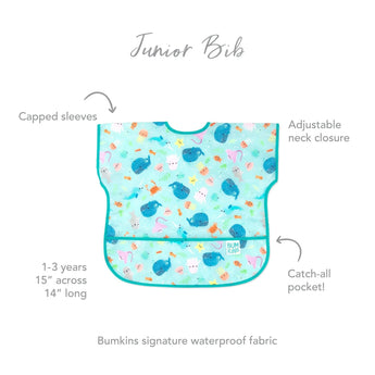 Bumkins Junior Bib: Ocean Life features capped sleeves, waterproof fabric, adjustable fit, and catch-all pocket for ages 1-3.