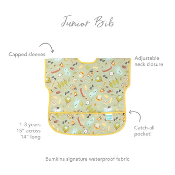 Bumkins Junior Bib: Camp Gear with capped sleeves, adjustable neck, catch-all pocket, and playful food & nature designs.