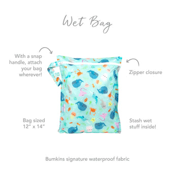 Bumkins Wet Bag: Ocean Life with zipper, snap handle, 12x14 size, turquoise sea creature design. Made from waterproof fabric.