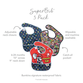 Bumkins SuperBib® 3 Pack: Super Mario™ Power-Up features easy-wipe fabric, adjustable necks, and catch-all pockets for ages 6-24 months.