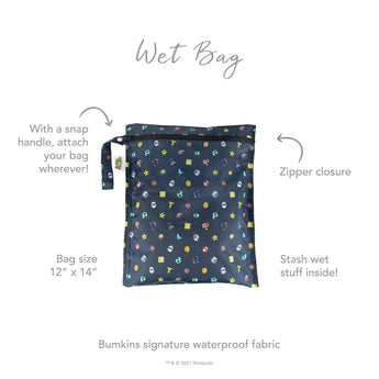 The Wet Bag: Super Mario™ Lineup by Bumkins is dark blue with icons, 12 x 14, features a zipper closure, and is waterproof.