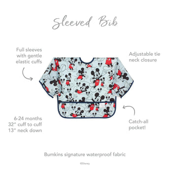 Bumkins Sleeved Bib: Mickey Mouse is waterproof with elastic cuffs, pocket & adjustable neck tie. Ideal for 6-24 months feeding.