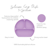 The Lavender Silicone Grip Dish by Bumkins has 3 sections, a strong suction base, and is easy to clean and utensil-friendly.