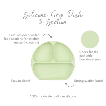 The Bumkins Silicone Grip Dish in Sage, featuring deep-walled sections for kids mastering utensils and a strong suction base, is made from 100% food-safe silicone. Look for the authentic Bumkins stamp. Easy to clean!.