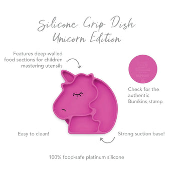 Bumkins Silicone Grip Dish Unicorn: Pink plate with deep sections, easy to clean, strong suction base. Safe for toddlers.