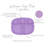 The Bumkins Lavender Silicone Grip Dish with Lid has 5 toddler-sized sections, a strong suction base, and is made of food-safe silicone.