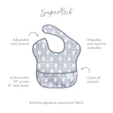 Gray Bumkins SuperBib®: Arrow has a catch-all pocket, adjustable neck, is waterproof and machine washable for 6-24 months.