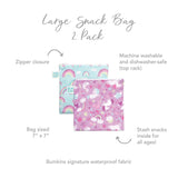 The Bumkins 2-pack Reusable Snack Bags feature unicorn and rainbow designs, waterproof fabric, zipper closure, and a 7x7 size.