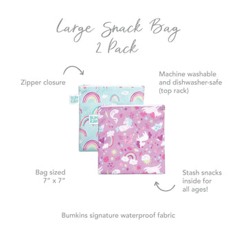 The Bumkins 2-pack Reusable Snack Bags feature unicorn and rainbow designs, waterproof fabric, zipper closure, and a 7x7 size.