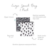 Bumkins 2-pack large reusable snack bags feature waterproof fabric and zip closures in XOXO & Heart patterns.