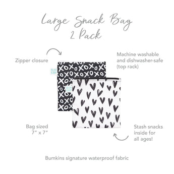 Bumkins 2-pack large reusable snack bags feature waterproof fabric and zip closures in XOXO & Heart patterns.