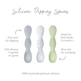 Bumkins Taffy pack offers 3 dual-ended, food-safe silicone dipping spoons in white, gray, and light green with textured handles.