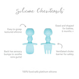 The Bumkins Silicone Chewtensils®: Blue set includes a spoon and fork with safety features and sensory bumps, ideal for baby-led weaning, 6m+.