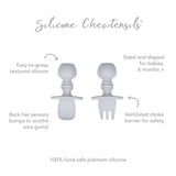 Bumkins Silicone Chewtensils®: Gray are two silicone utensils, spoon and fork, perfect for baby-led weaning. Designed for babies 6 months and older, they feature easy-grip textured handles with sensory bumps, a ventilated choke barrier, and are made from food-grade platinum silicone.