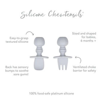 Bumkins Silicone Chewtensils®: Gray are two silicone utensils, spoon and fork, perfect for baby-led weaning. Designed for babies 6 months and older, they feature easy-grip textured handles with sensory bumps, a ventilated choke barrier, and are made from food-grade platinum silicone.