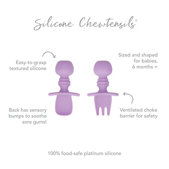 Bumkins Lavender Silicone Chewtensils® are perfect for baby-led weaning with sensory bumps, choke barrier; comes in a set of two.