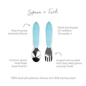 Bumkins Spoon + Fork: Blue for 18m+, silicone grips, stainless steel, safe with rounded tines & concave spoon.