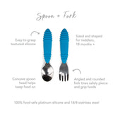 Bumkins Spoon + Fork: Dark Blue utensils have textured grips & stainless steel tips for safe toddler self-feeding.