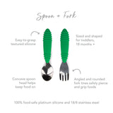 Bumkins Spoon + Fork: Jade for toddlers 18 months+, featuring green silicone grips and stainless steel tips for safe self-feeding.