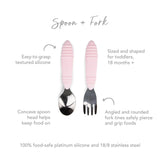 Bumkins Spoon + Fork: Pink set, ideal for self-feeding toddlers 18 months+, features easy-to-grasp handles and safe silicone utensils.