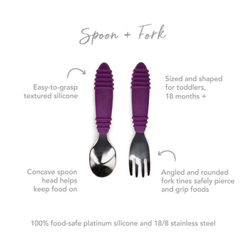 Bumkins Spoon + Fork: Purple features silicone grips and rounded tines, ideal for self-feeding toddlers 18 months and up.