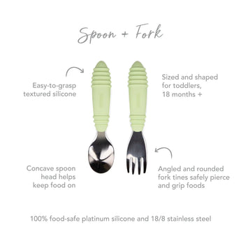 The Bumkins Spoon + Fork: Sage set includes green toddler utensils with food-safe silicone handles, great for self-feeding toddlers 18m+.