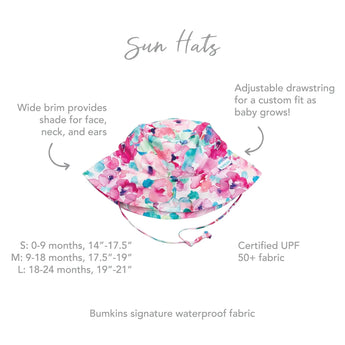 Bumkins Sun Hat: Watercolor for ages 0-24m features a wide brim, drawstring, and washable UPF 50+ fabric.