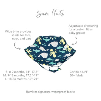 Bumkins Sun Hat: Deep Sea in navy features sea creatures, breathable UPF 50+ fabric, adjustable drawstring, for sizes 0-24 months.