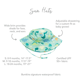 The Bumkins Sun Hat: Green Dinosaurs offers breathable UPF 50+ fabric, a wide brim for shade, and an adjustable drawstring.