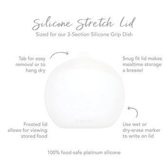 The Lavender Bumkins Silicone Grip Dish features a snug white silicone lid with frosted viewable surface and writable area.