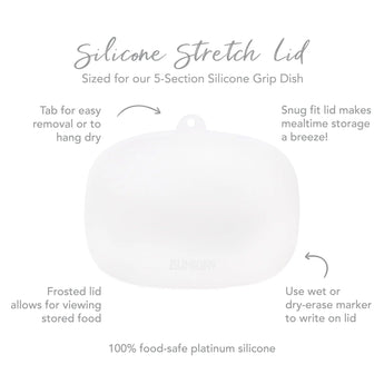 The Bumkins Blue Silicone Grip Dish (5-section) comes with a frosted, white silicone stretch lid that’s snug, leak-resistant & writable.