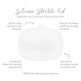 Diagram of Bumkins Silicone Grip Dish with Lid (5 Section): Lavender—tab for handling, snug fit, frosted lid, food-safe silicone.