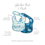 Bumkins Starter Bib 2 Pack: Dinosaurs & Blue Tropic features waterproof fabric, adjustable necks, and catch-all pockets.