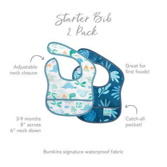 Bumkins Starter Bib 2 Pack: Dinosaurs & Blue Tropic features waterproof fabric, adjustable necks, and catch-all pockets.