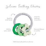 Bumkins Silicone Teething Charms in green feature food-safe, textured rings to aid motor skills in infants 3 months and older.