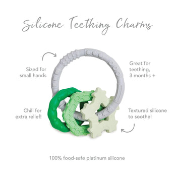 Bumkins Silicone Teething Charms in green feature food-safe, textured rings to aid motor skills in infants 3 months and older.