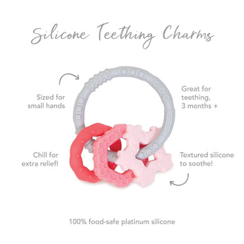 Bumkins Silicone Teething Charms: Pink has 3 vibrant rings in gray, red, and pink for motor skills; food-safe silicone for soothing relief.