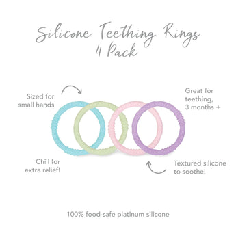 Bumkins Silicone Teething Rings 4 Pack: Spring, made from food-safe silicone, soothe sore gums with vibrant colors and soothing textures.