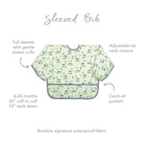 Bumkins Sleeved Bib: Llamas—green, waterproof, playful print, elastic cuffs, tie neck, catch-all pocket; for ages 6-24 months.