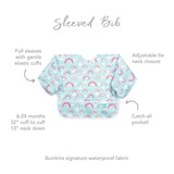 The Sleeved Bib: Rainbows by Bumkins is mint green with a rainbow print, tie neck, elastic cuffs, catch pocket, stain-resistant. For 6-24 months.