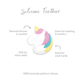 Bumkins Silicone Teether: Unicorn has pastel colors, is non-toxic and food-safe, perfect for 3 months+.